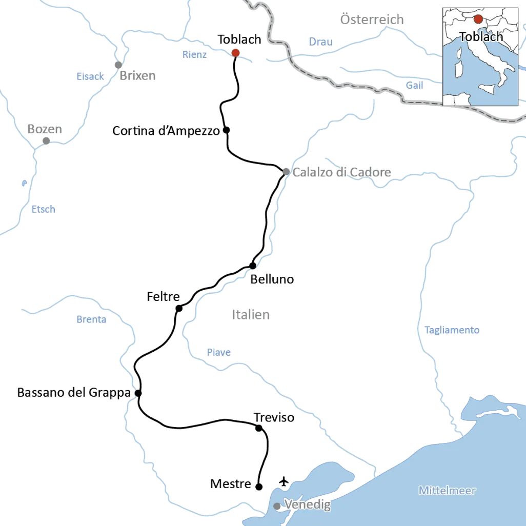 Karte für die Radreise von den Dolomiten nach Venedig