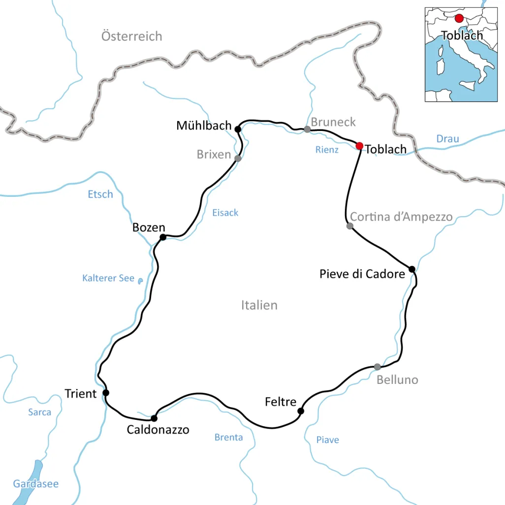 Karte zur Radtour rund um die Dolomiten