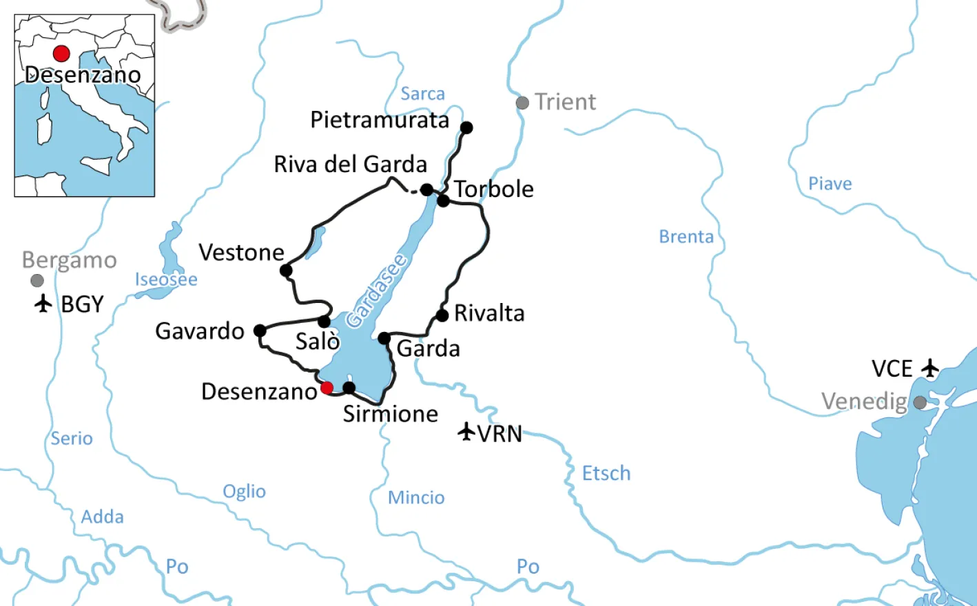 Karte zur Radtour um den Gardasee