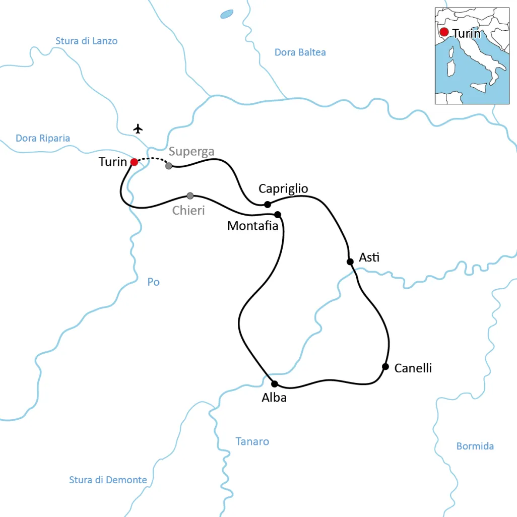 Karte für den Radurlaub im Piemont