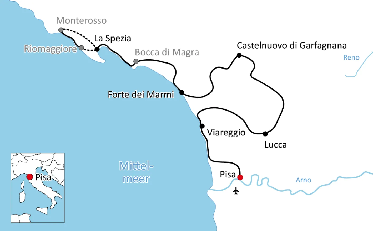 Karte zur Radtour von Pisa in die Cinque Terre