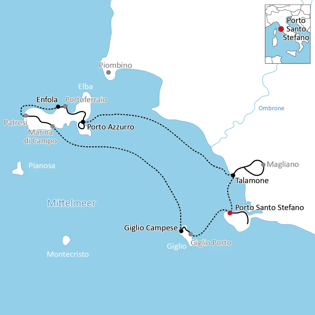 Karte Rad und Segeln in der Toskana