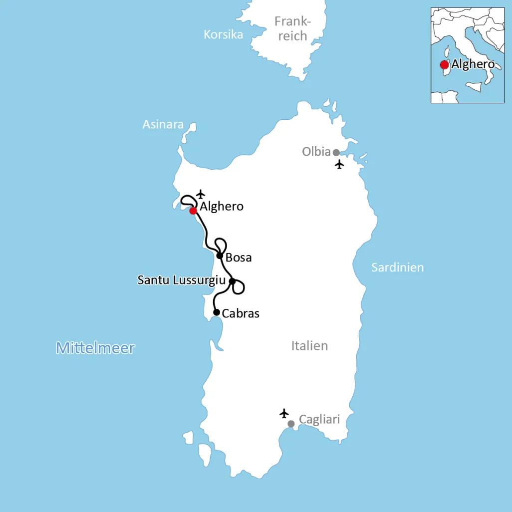 Karte zur Sardinien-Radtour an der Westküste
