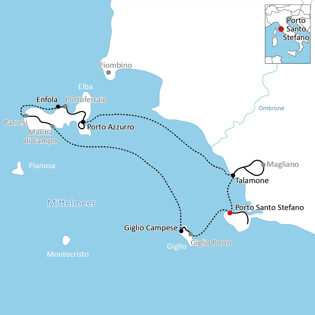 Karte zur Reise mit Rad & Schiff zur Insel Elba