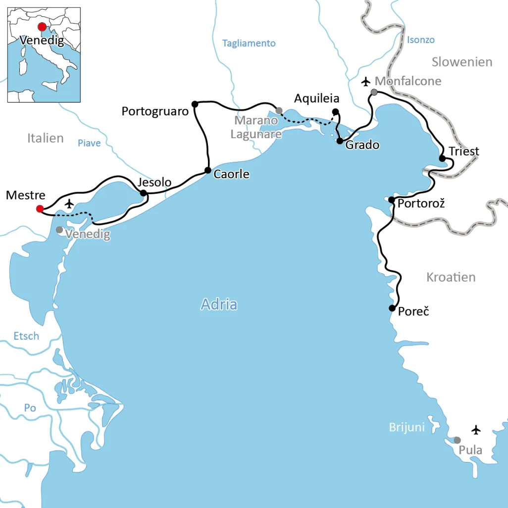 Karte zur Radtour an der Adria nach Istrien