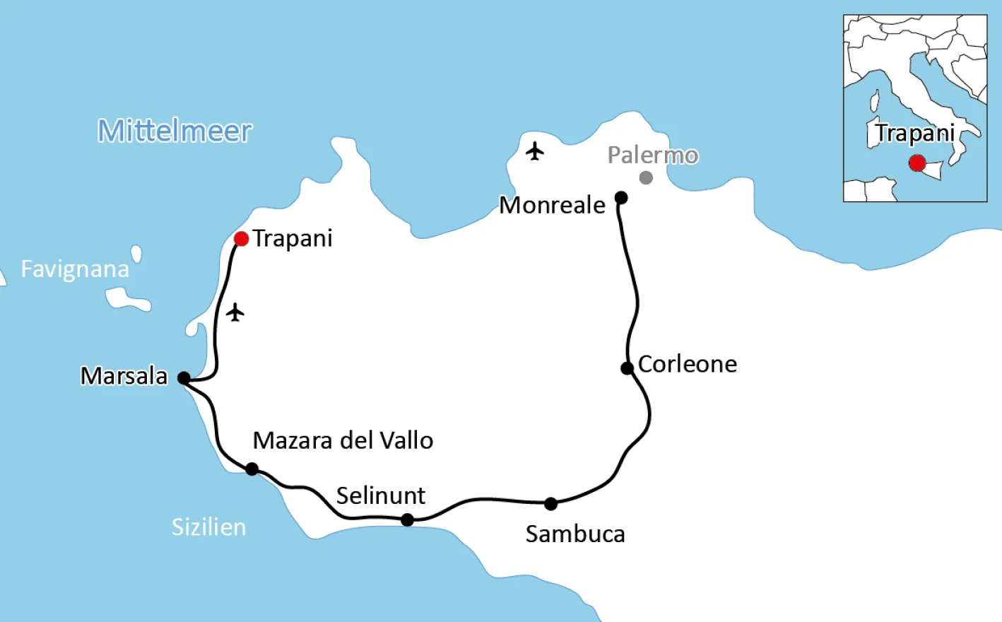 Karte zur Radtour in West-Sizilien