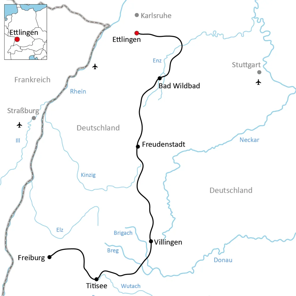 Karte zur Reise auf dem Schwarzwald-Panorama-Radweg