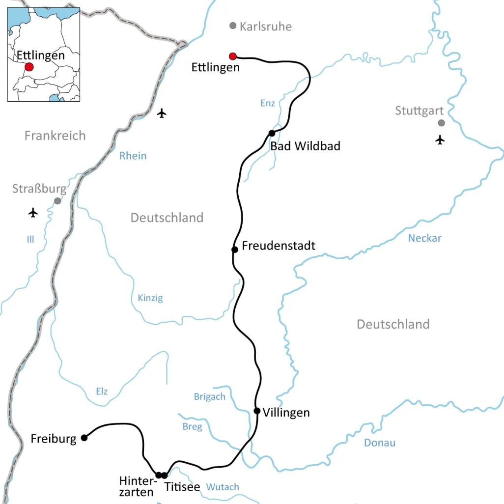 Karte zur Reise auf dem Schwarzwald-Panorama-Radweg