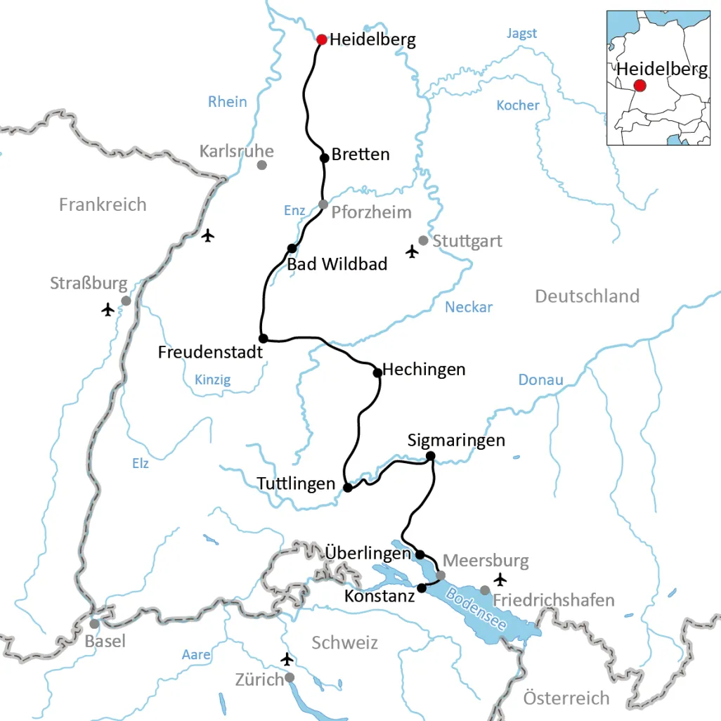 Karte zur Radtour quer durch Baden-Württemberg