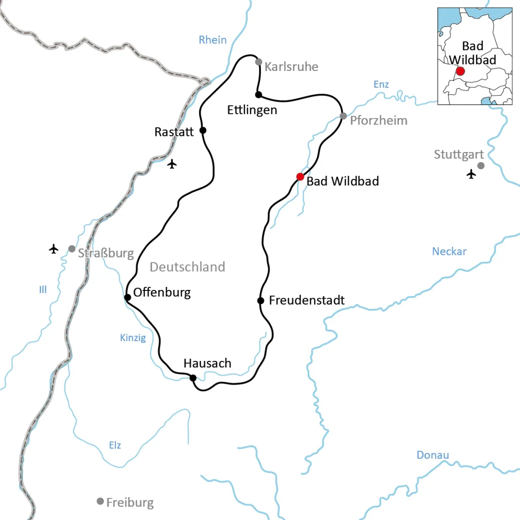 Karte zur Reisen auf dem Naturpark-Radweg im Nord-Schwarzwald