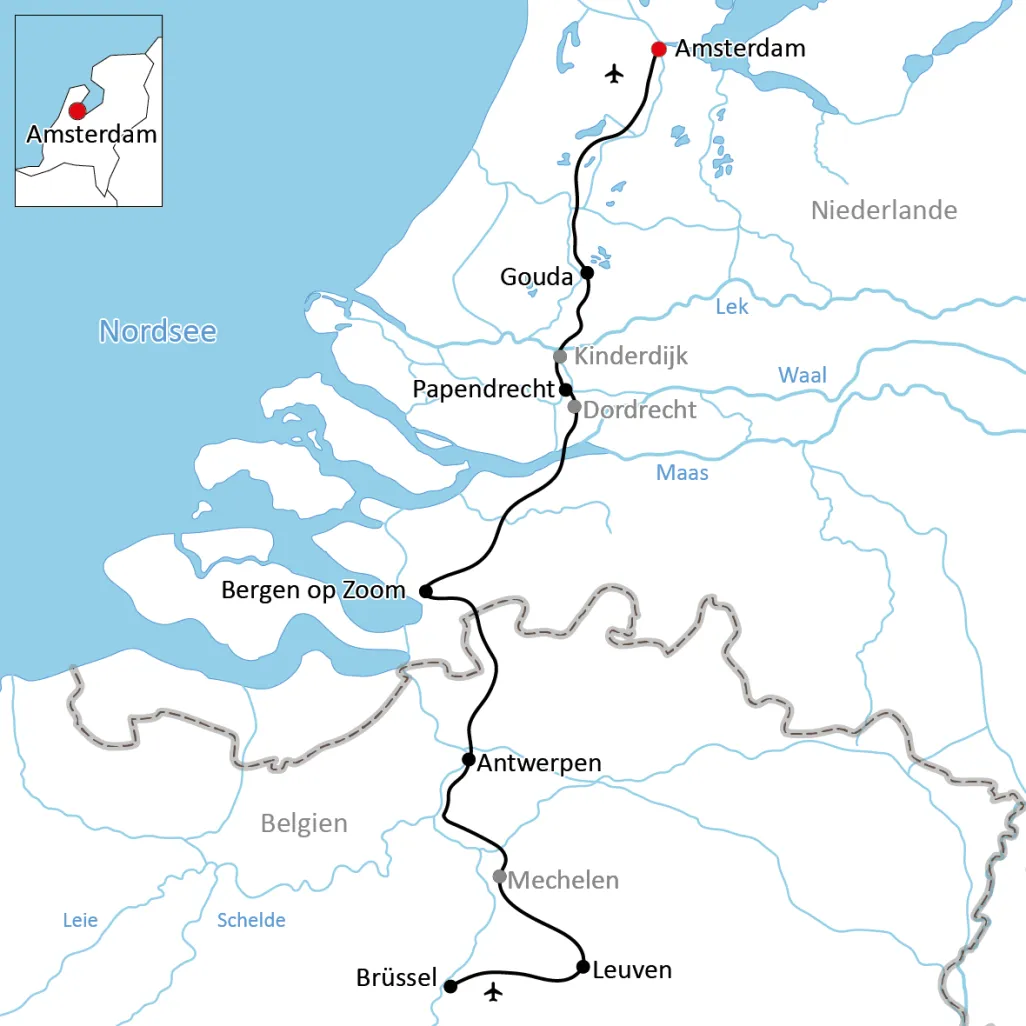Karte zur Radtour von den Niederlanden nach Belgien