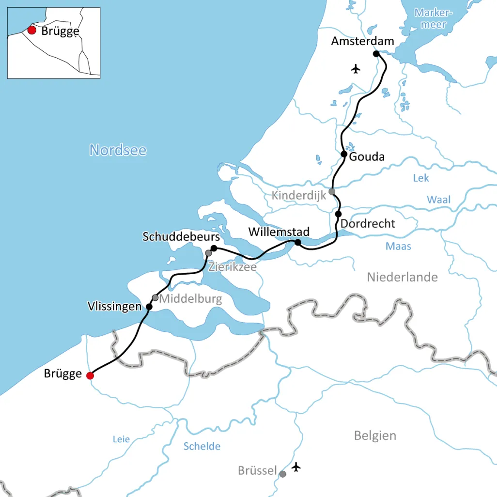 Karte zur Radtour von Brügge nach Amsterdam