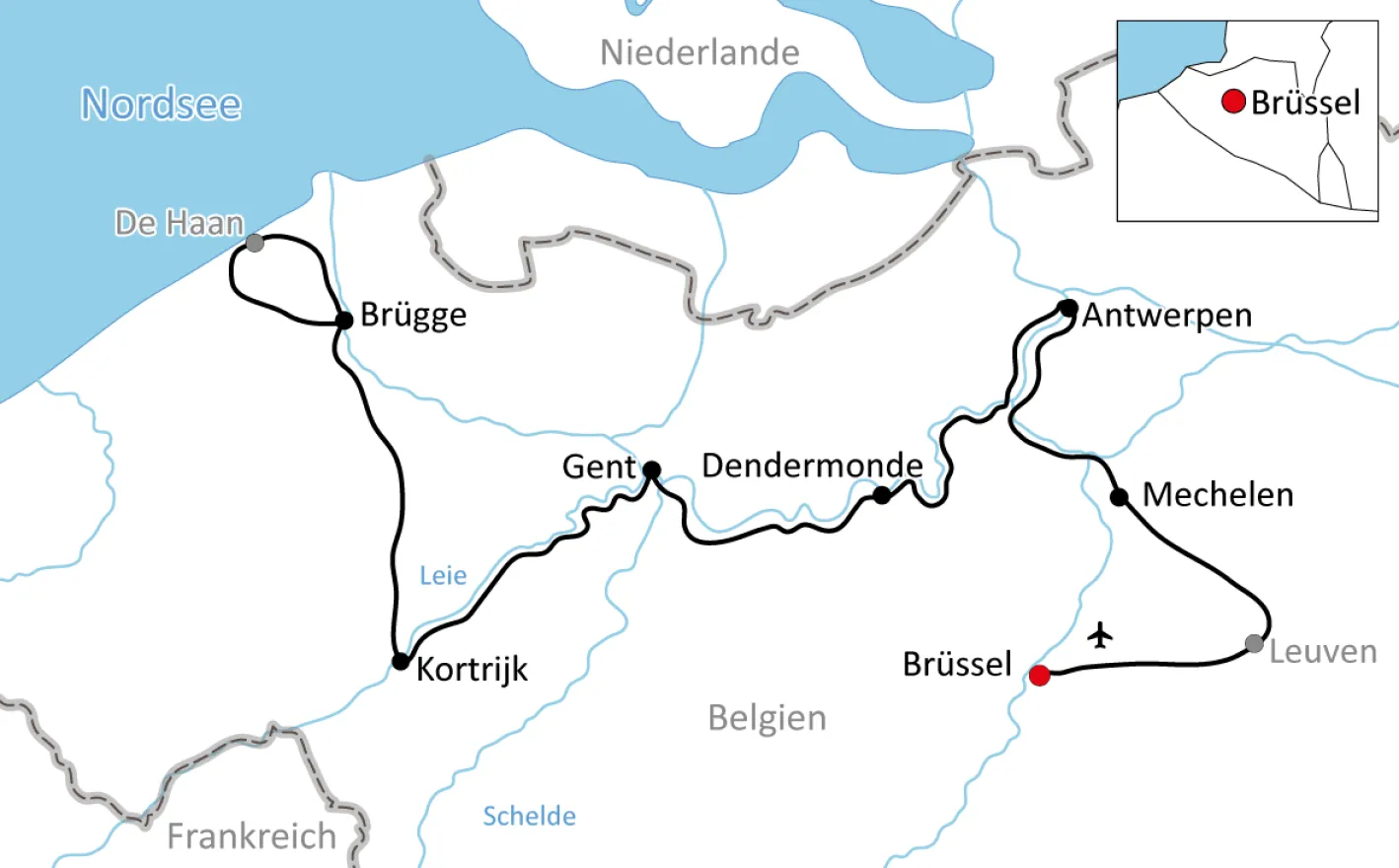Karte zur Radtour von Brüssel nach Brügge