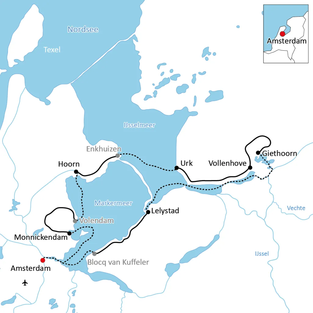 Karte zur Rad- und Segelreise am IJsselmeer