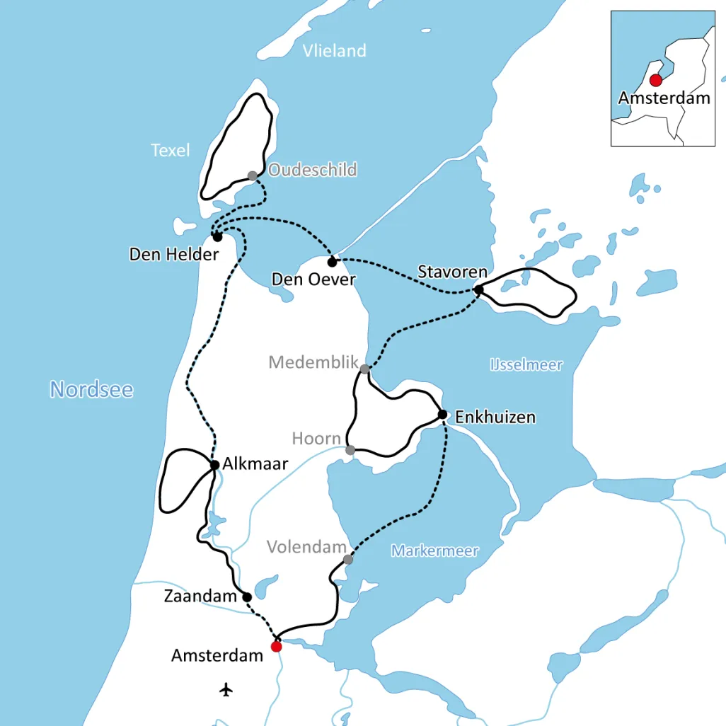 Karte zur Reise mit Rad und Schiff in Nordholland