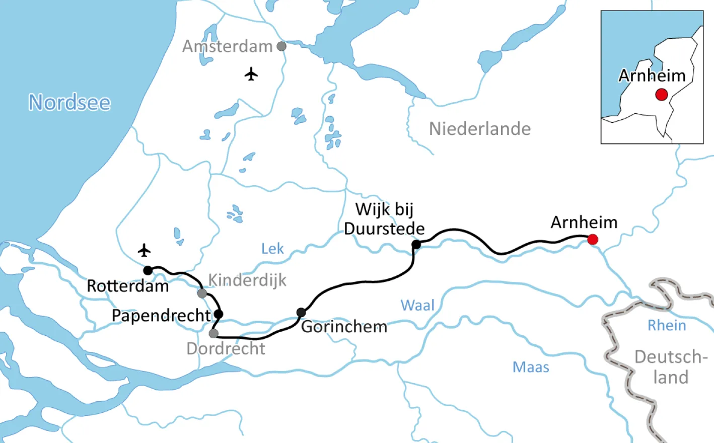 Karte zur Radtour in Holland: Arnheim - Rotterdam