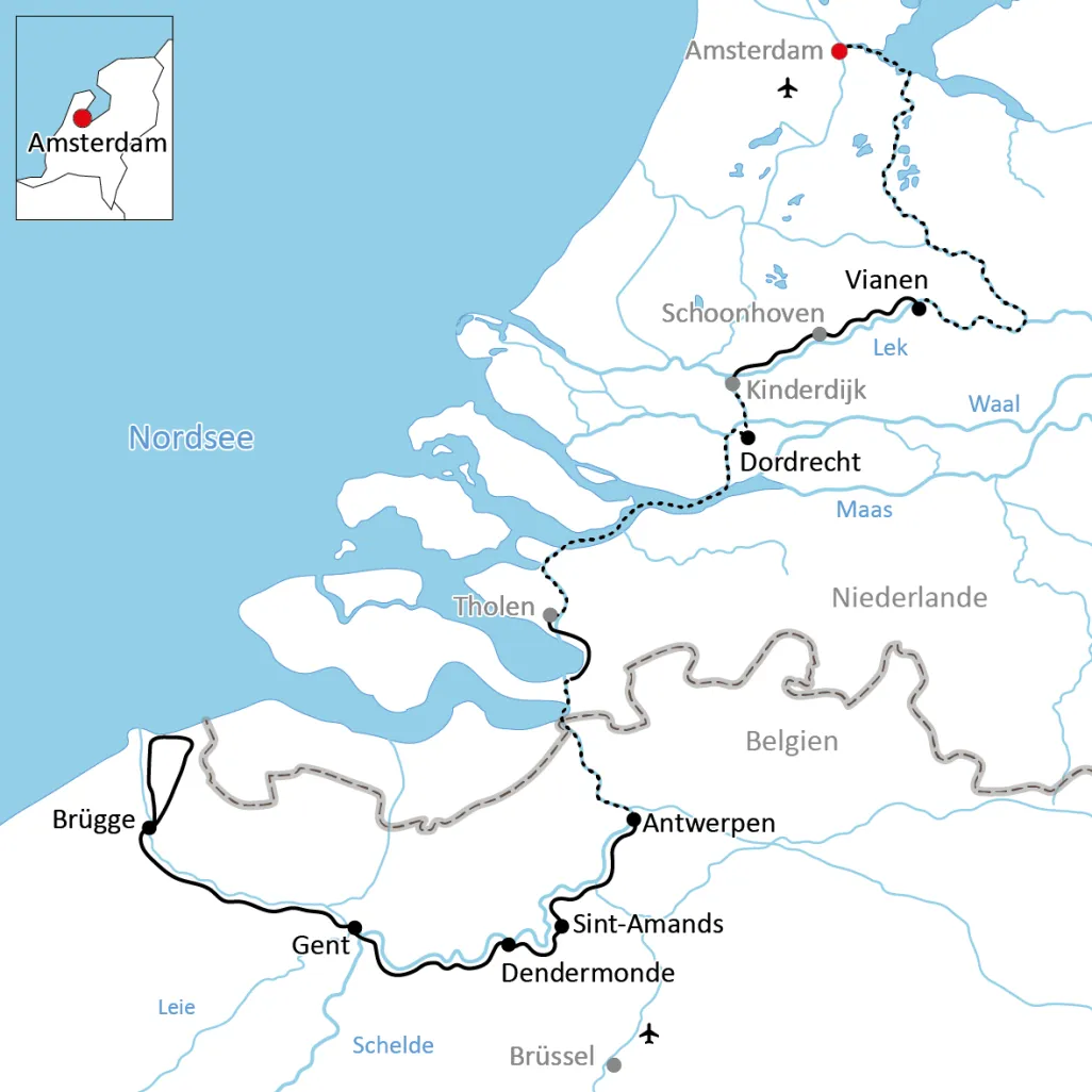 Karte zur Reise mit Rad & Schiff durch Belgien und Holland