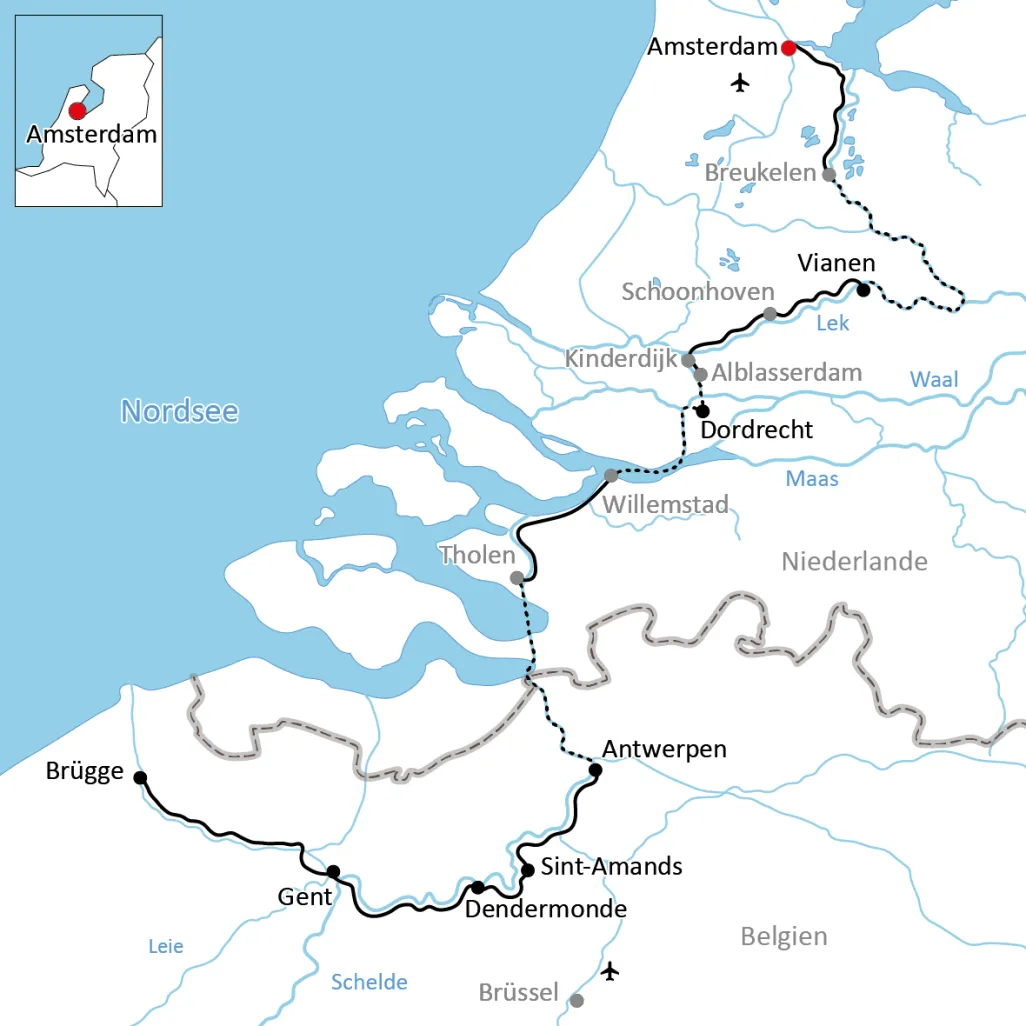 Karte zur Reise mit Rad & Schiff von Amsterdam nach Brügge