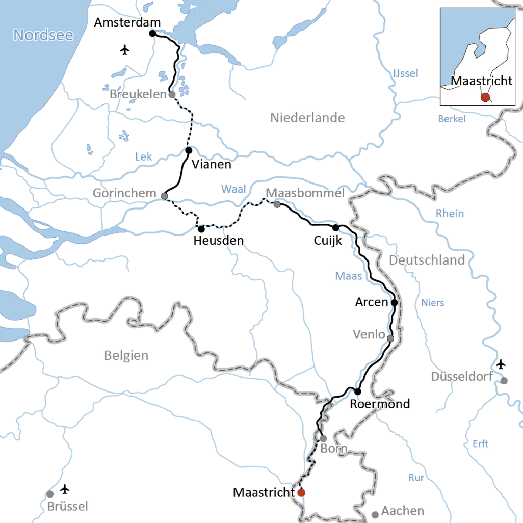 Karte zur Reise mit Rad und Schiff an der Maas