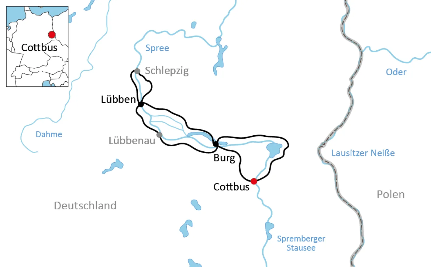 Karte zur Tour auf dem Gurken-Radweg im Spreewald