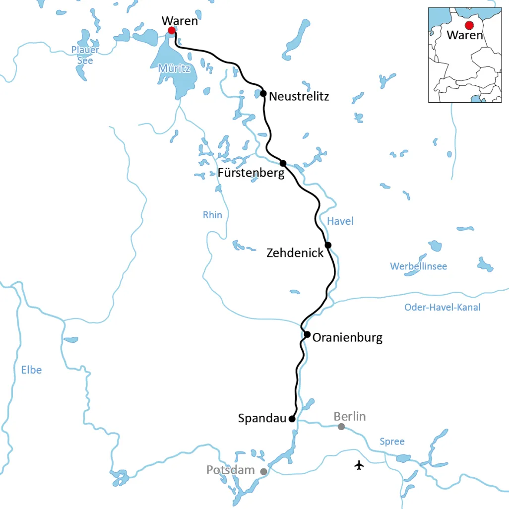 Karte zur Radtour an der Havel von Waren nach Berlin
