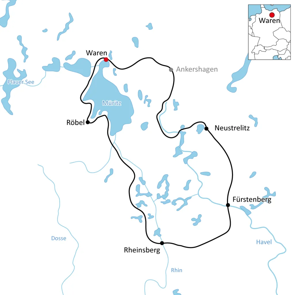 Karte zur Radtour an der Mecklenburgischen Seenplatte