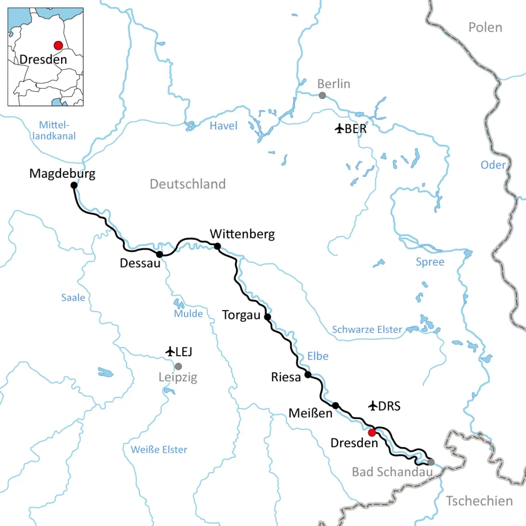 Karte zur Radtour an der Elbe durch Sachsen