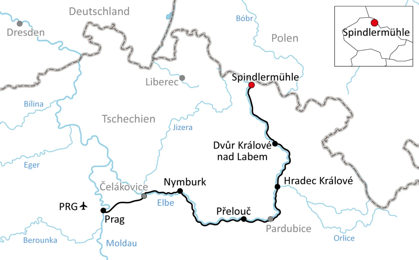 Karte zur Radtour entlang der Elbe durch Tschechien