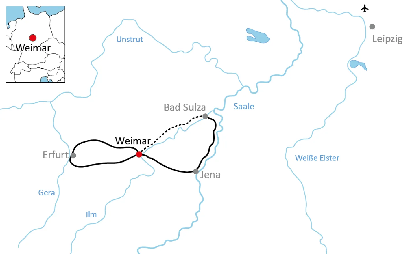 Karte zu den Stern-Radtouren rund um Weimar