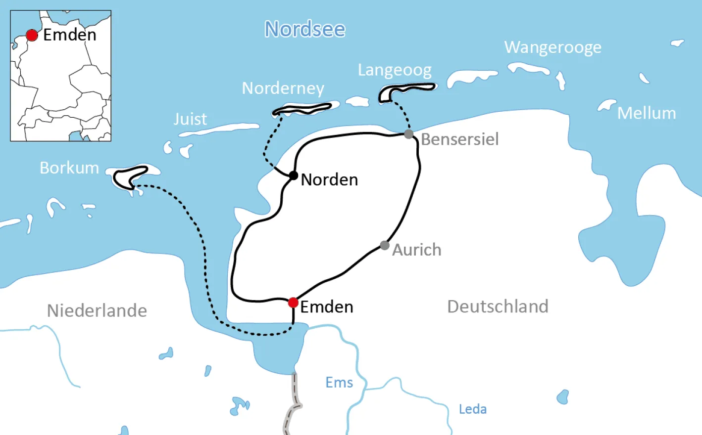 Karte zur Radtour auf den Ostfriesischen Inseln