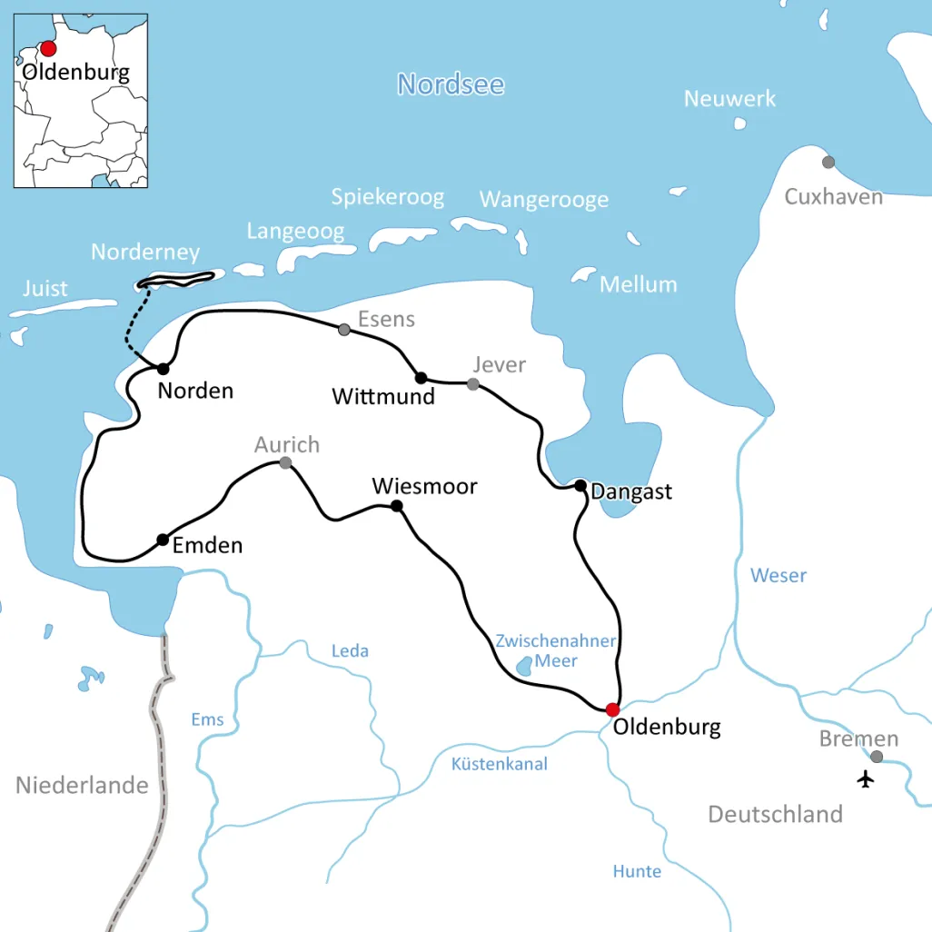 Karte zum Radurlaub in Ostfriesland