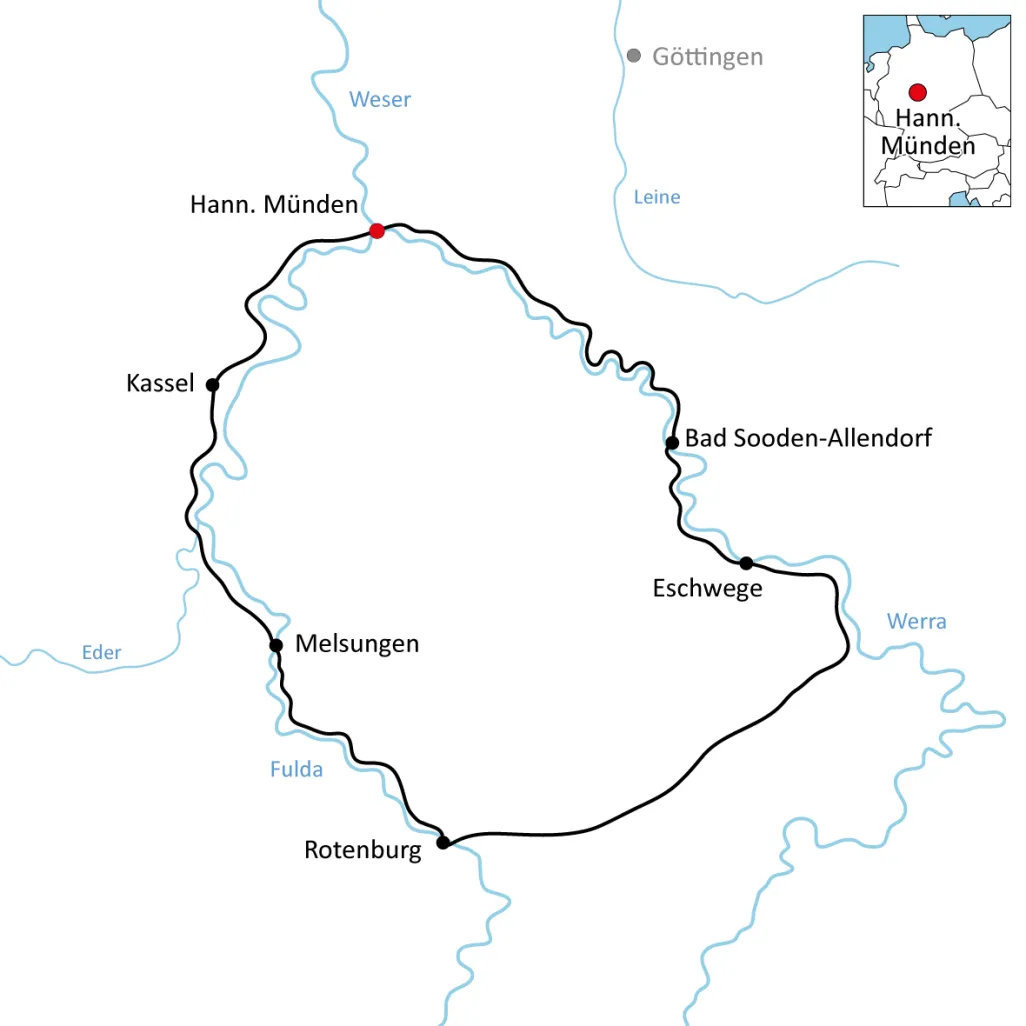 Karte zur Radtour an Werra und Fulda
