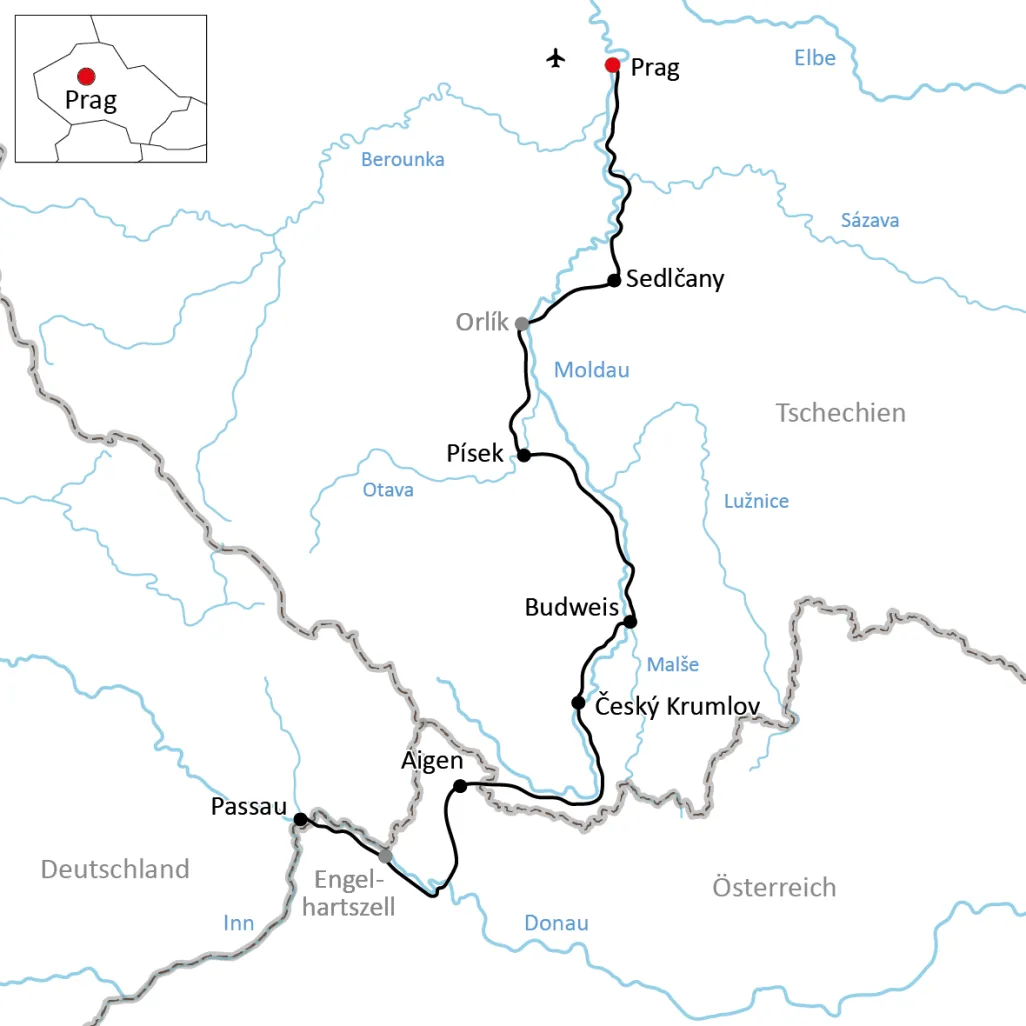 Karte zum Moldau–Radweg