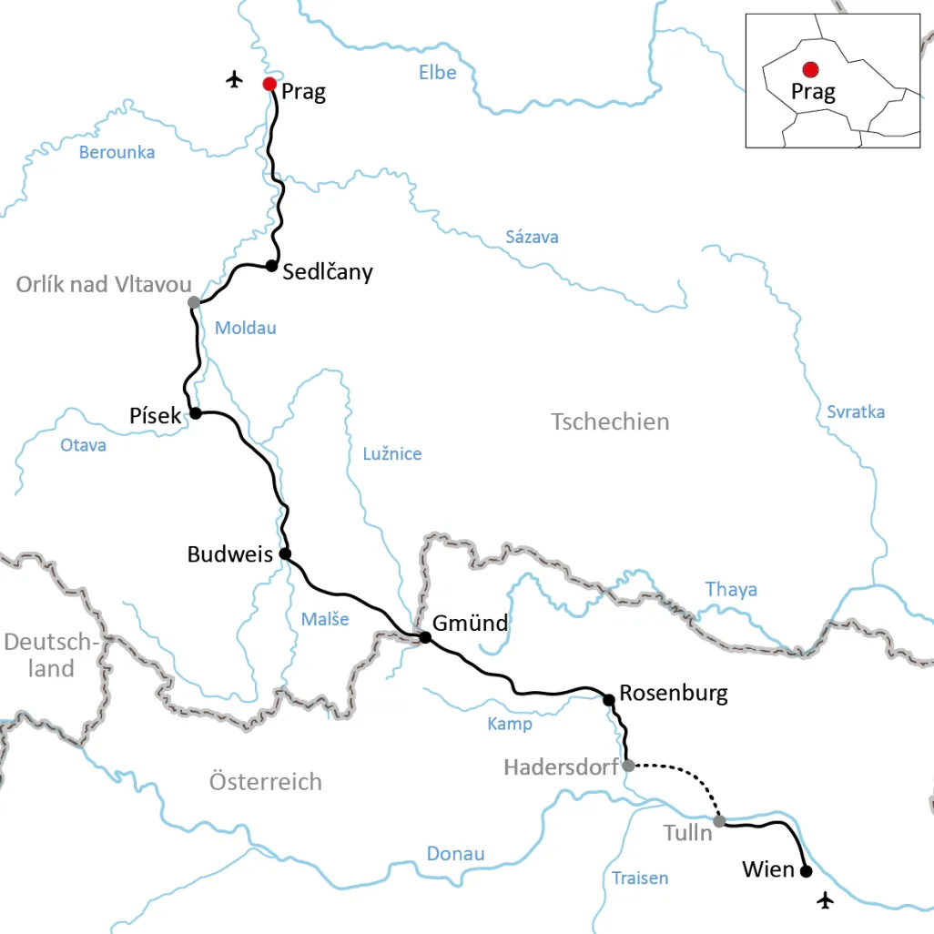 Karte zur Radreise von Prag nach Wien