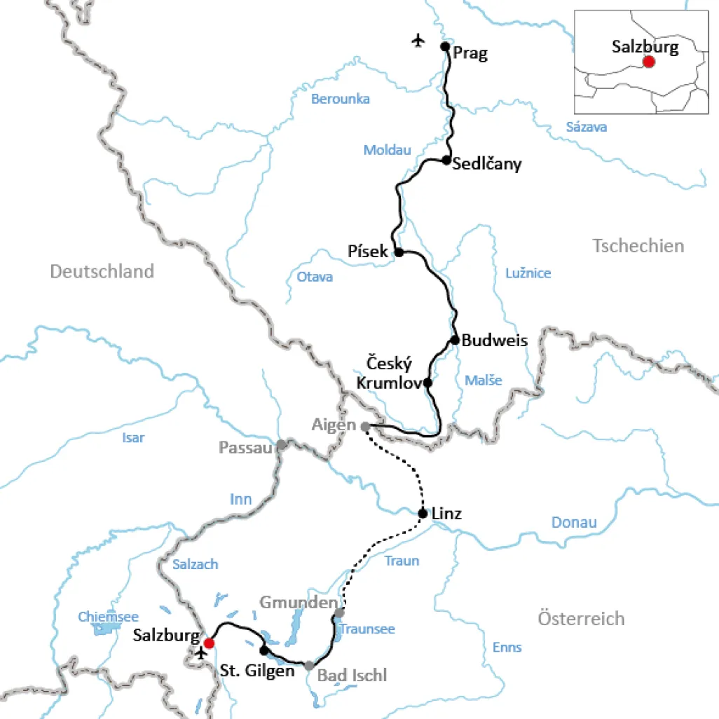Karte zur Radtour von Salzburg nach Prag