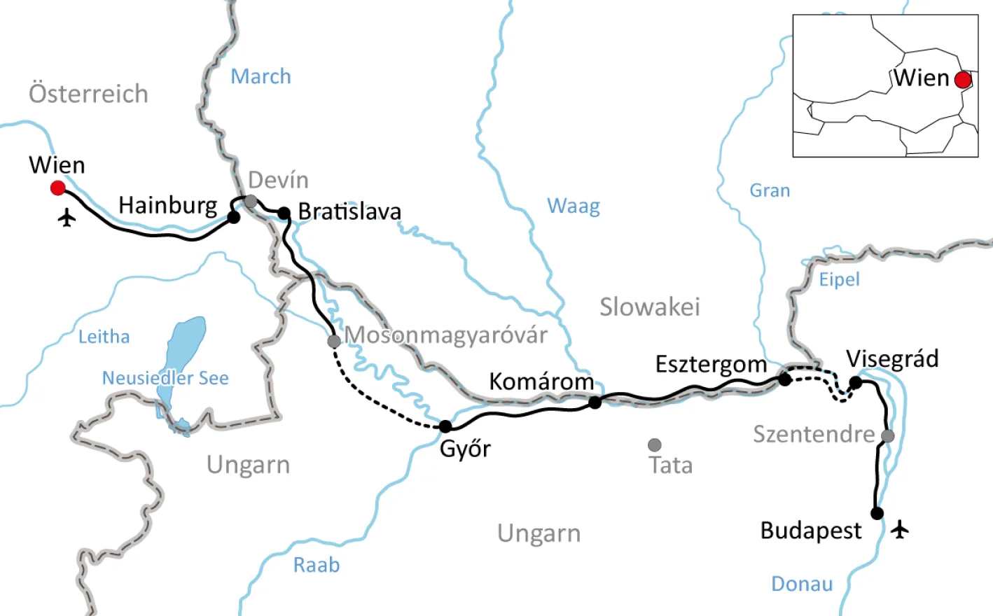 Karte zur Radtour von Wien nach Budapest