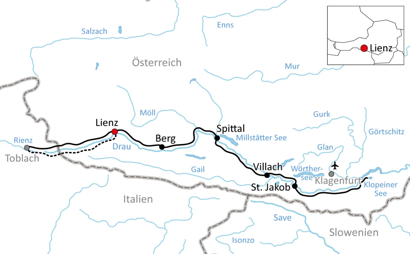 Karte zur klassischen Radtour entland der Drau