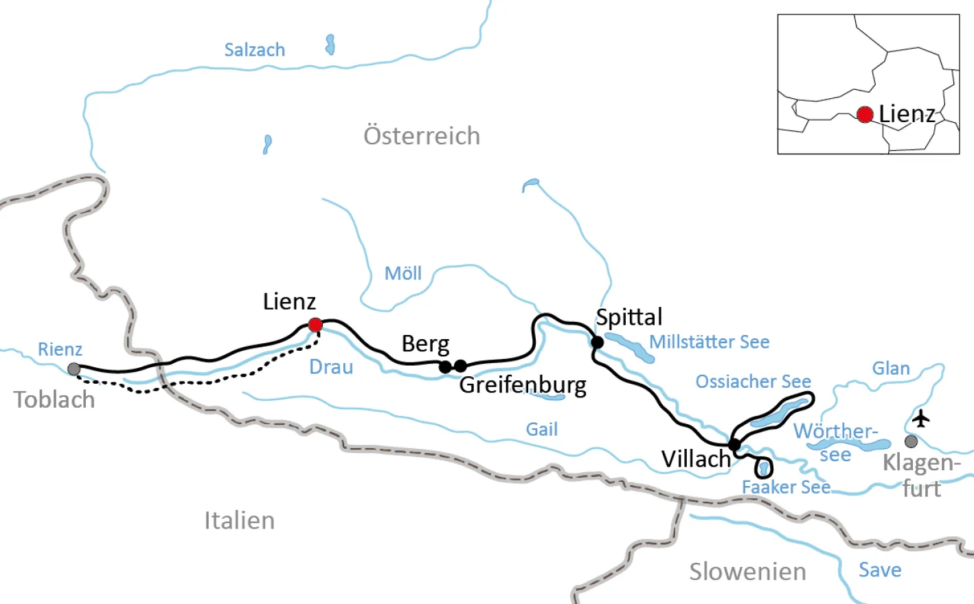 Karte zur Drau-Radtour für Familien