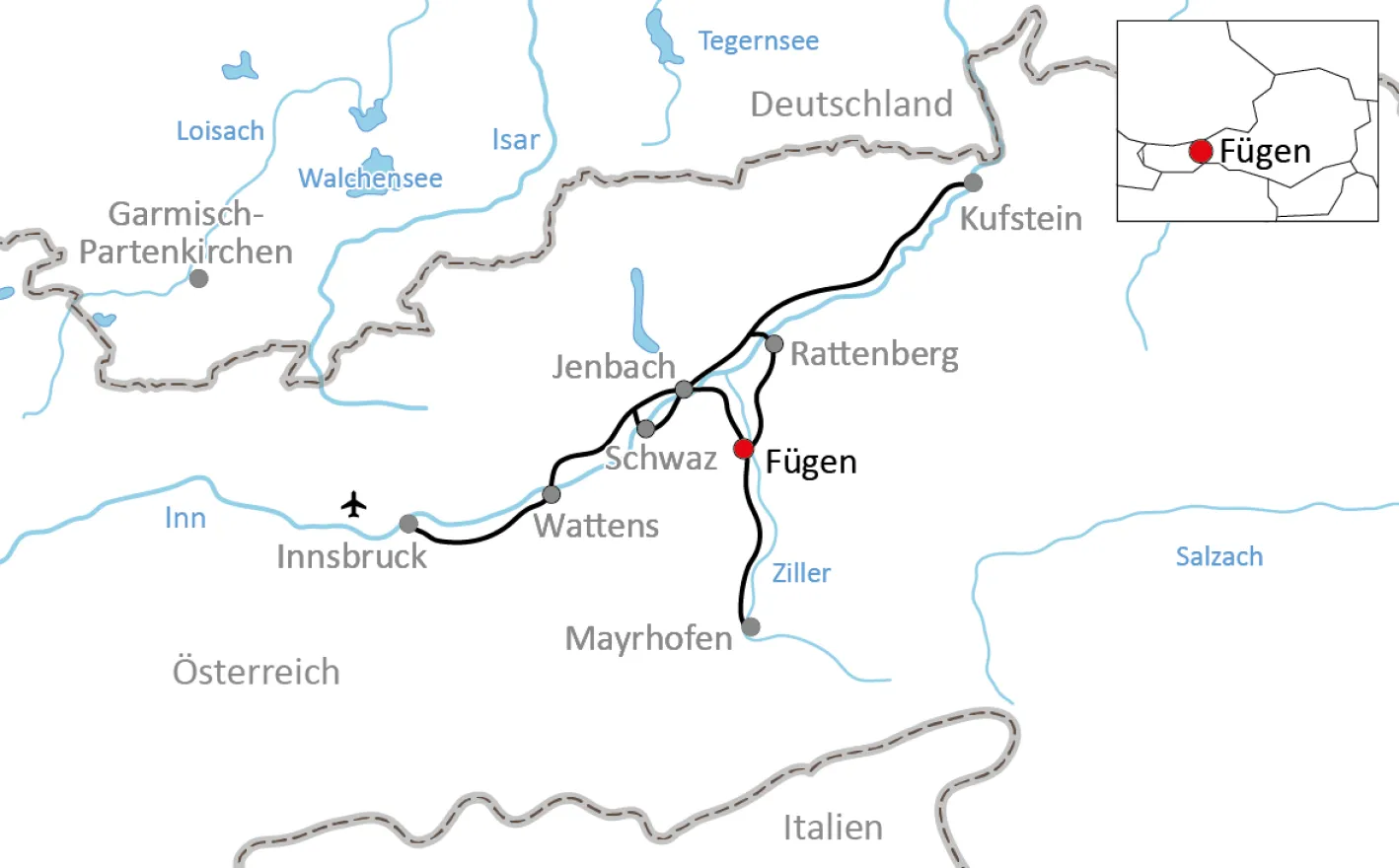 Karte zur Stern-Radtour im Zillertal