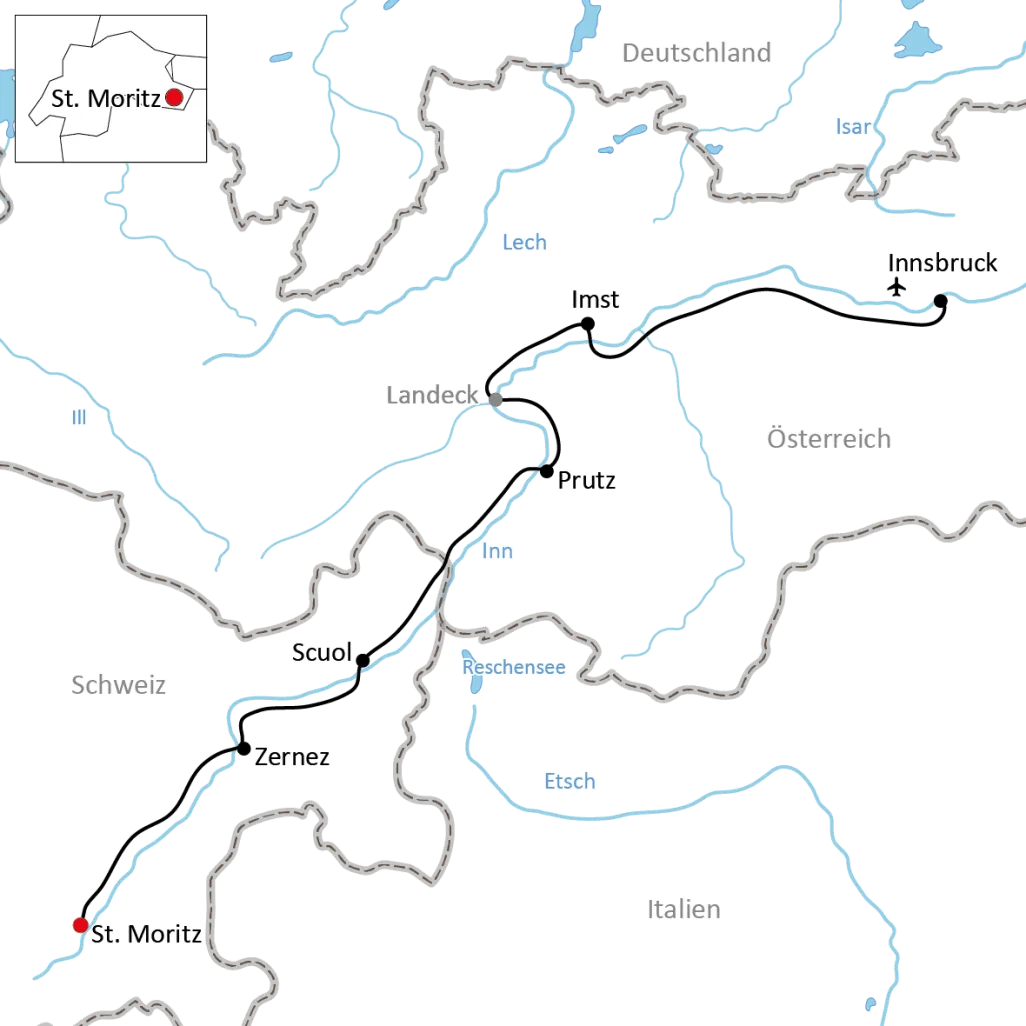 Karte zur Radtour von St. Moritz nach Innsbruck