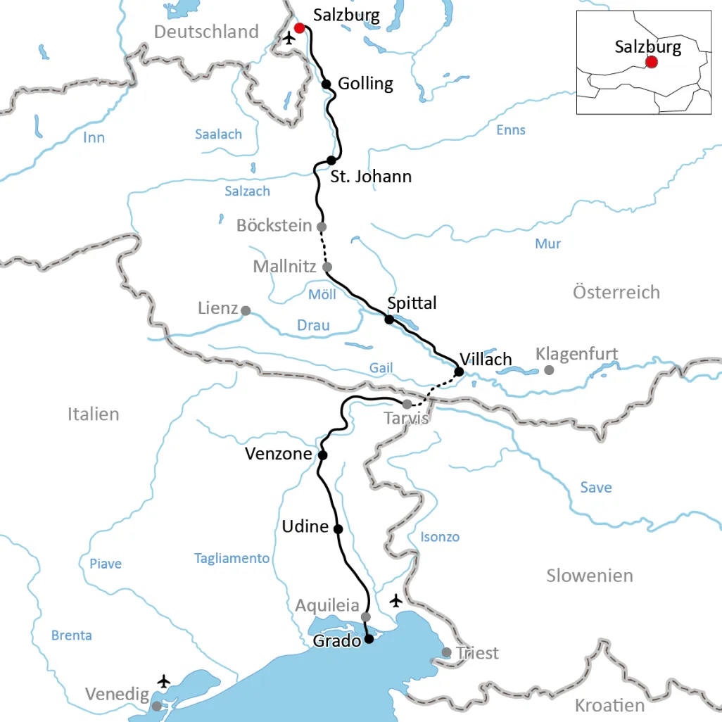 Karte zum Alpe-Adria-Radweg