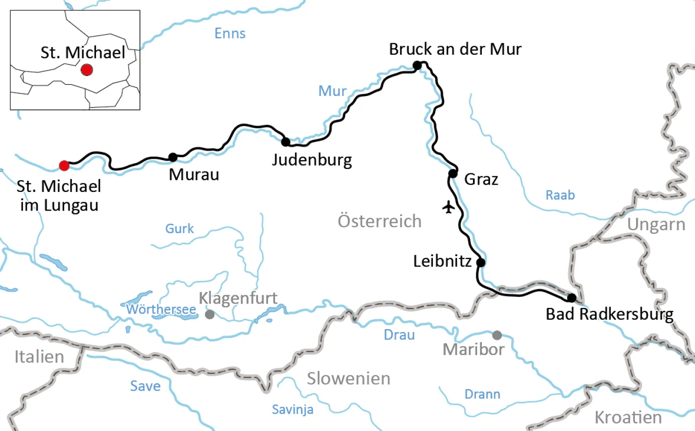 Karte zum Mur-Radweg