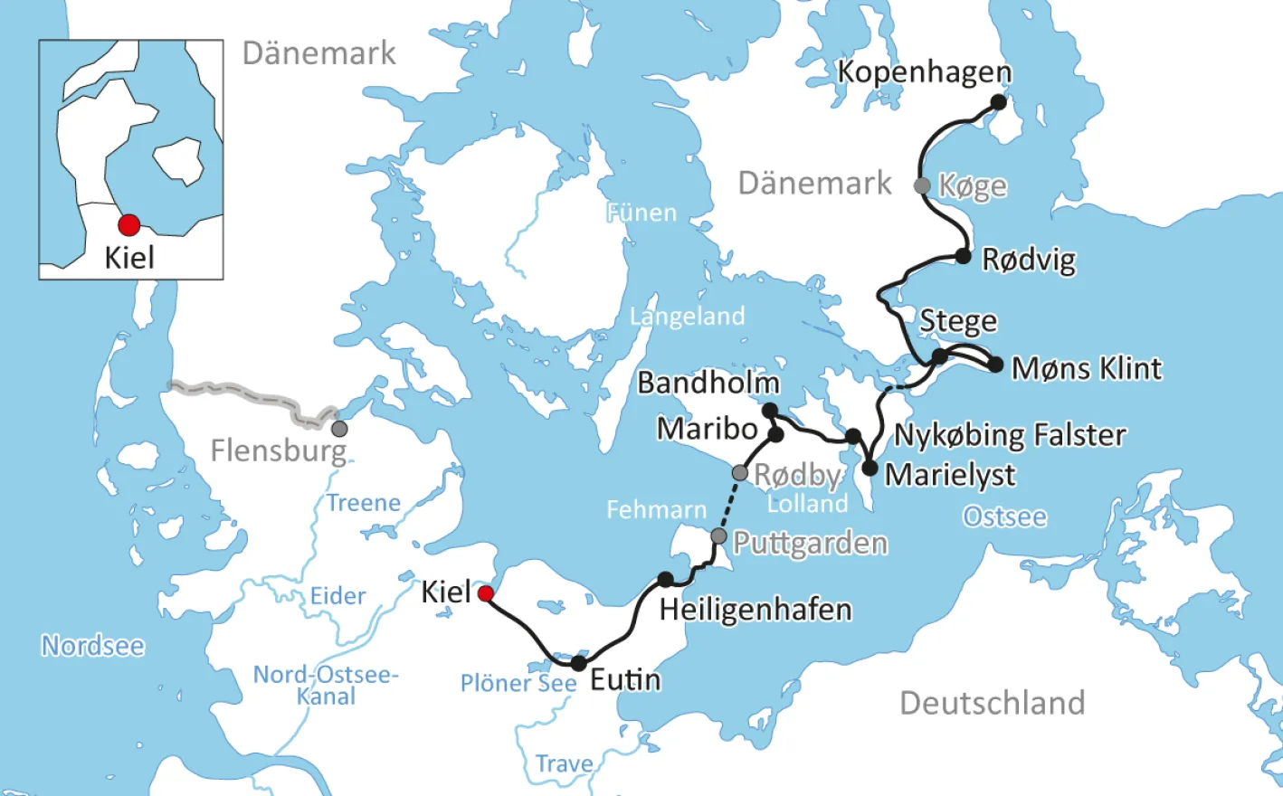 Karte Radtour von Kiel nach Kopenhagen