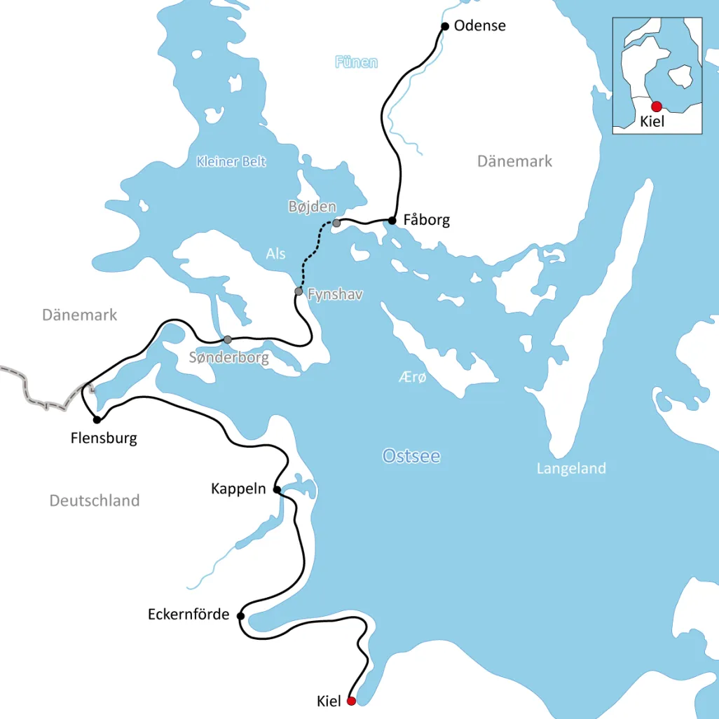 Karte zur Radtour von Kiel nach Odense
