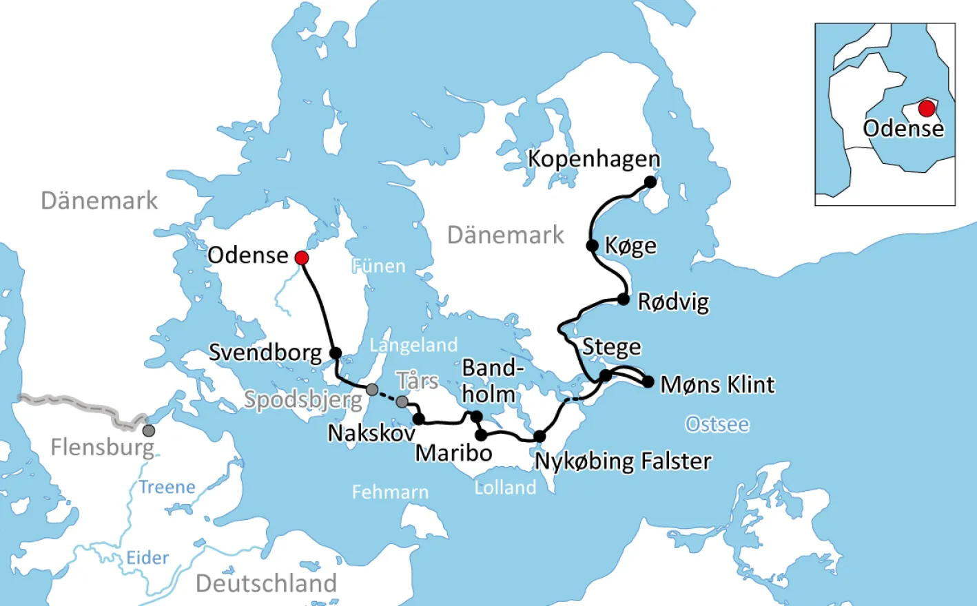 Karte für Radreise von Odense nach Kopenhagen