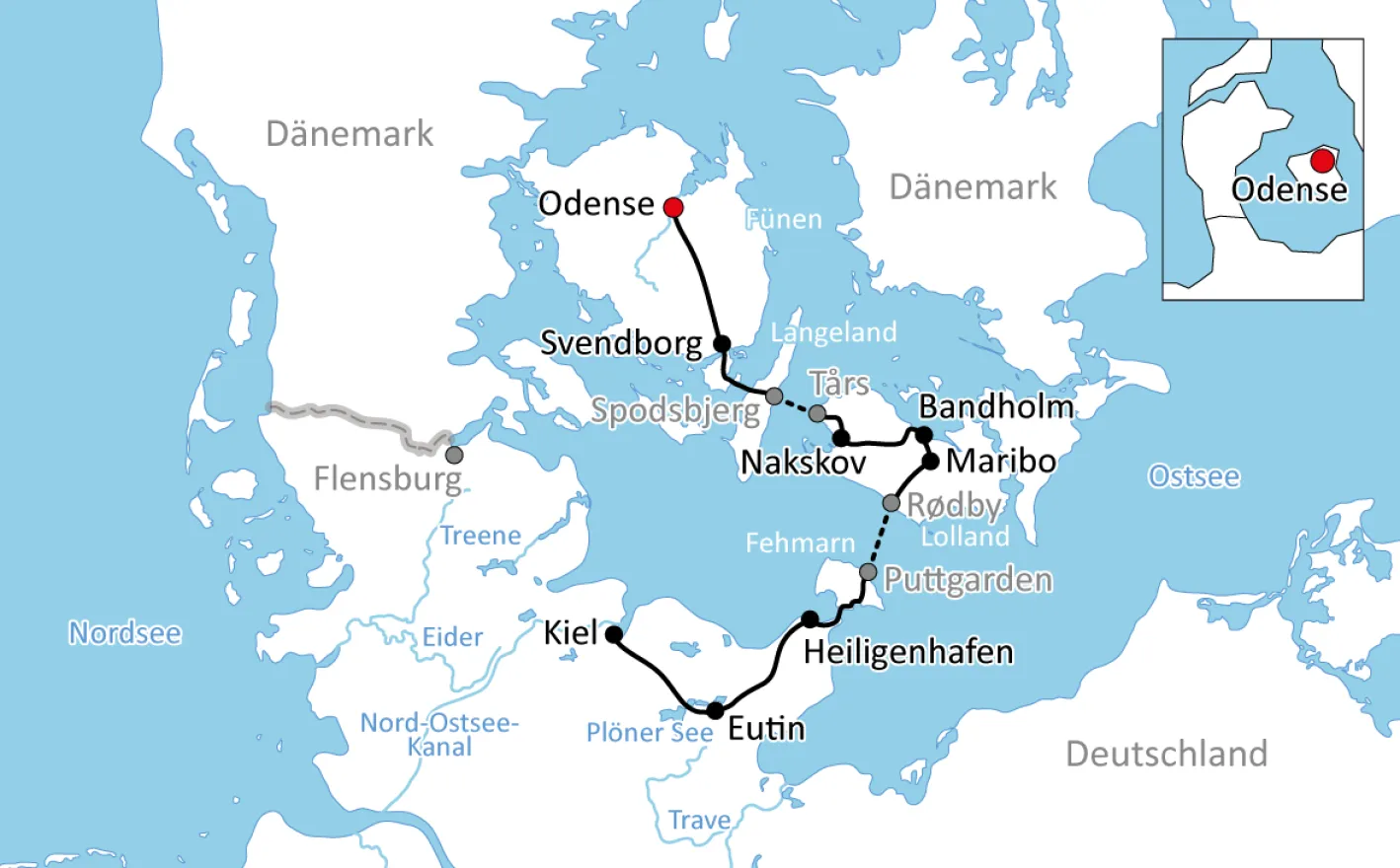 Karte zur Radtour von Odense nach Kiel