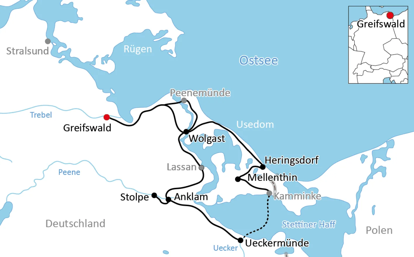 Karte zur Radtour auf Usedom und am Stettiner Haff