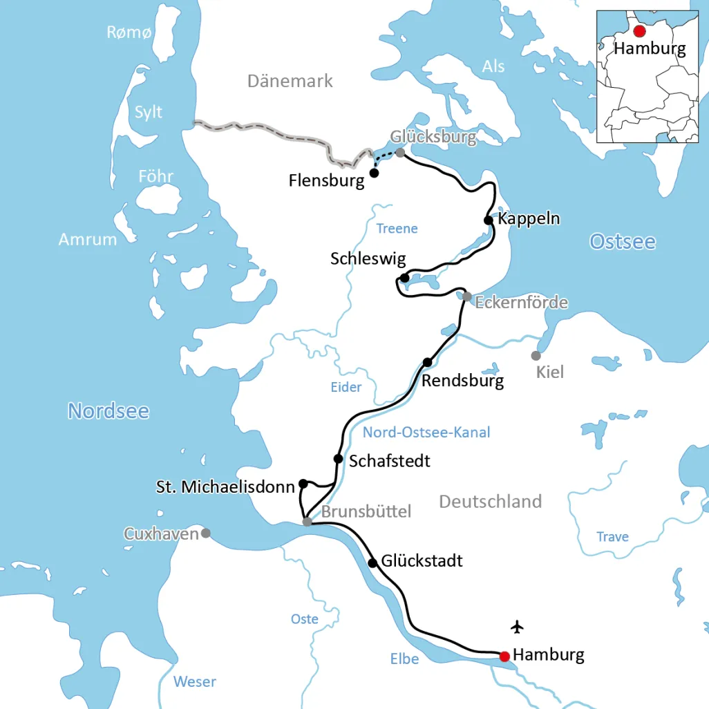 Karte zum Radurlaub in Schleswig-Holstein