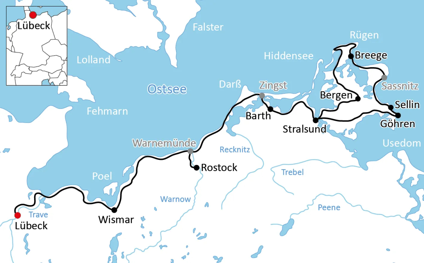 Karte zur sportlichen Radtour von Lübeck nach Stralsund