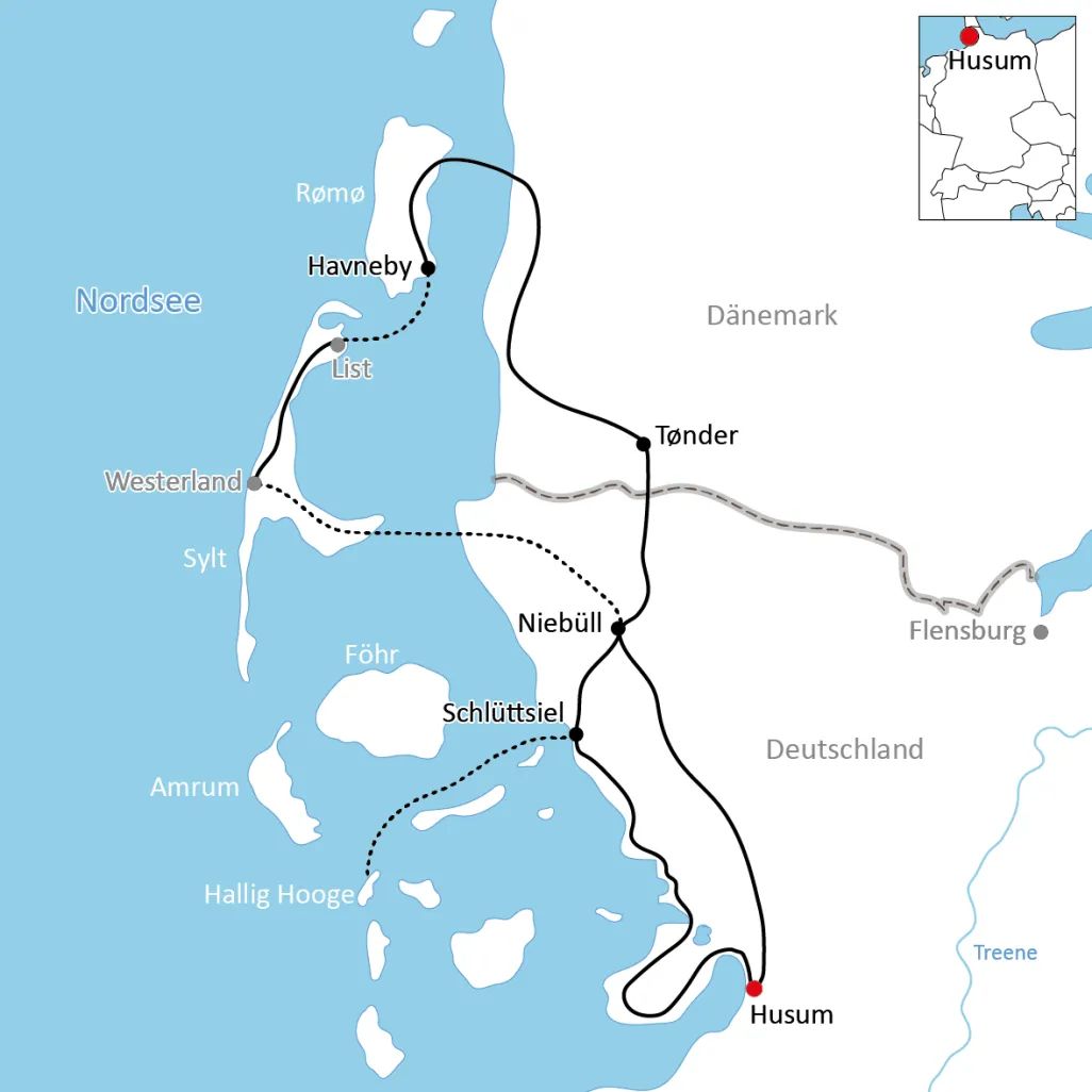 Karte zur Radtour nach Hooge, Sylt und Rømø
